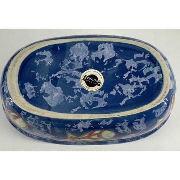 Bowl w/Lid Evandale Porcelain Handpainted Fish Design Blue 9” L x 5.25”W x 5.5”T - Picture 9 of 14